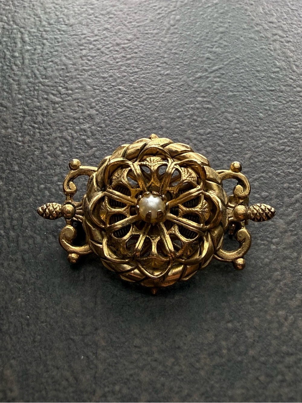 Antique Filigree Gold-Tone Brooch with Pearl Accent